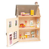 Foxtail Villa Dollhouse with open panels displaying furnished rooms, including a kitchen, bedroom, living room, and bathroom, with detailed miniature furniture and decorations.