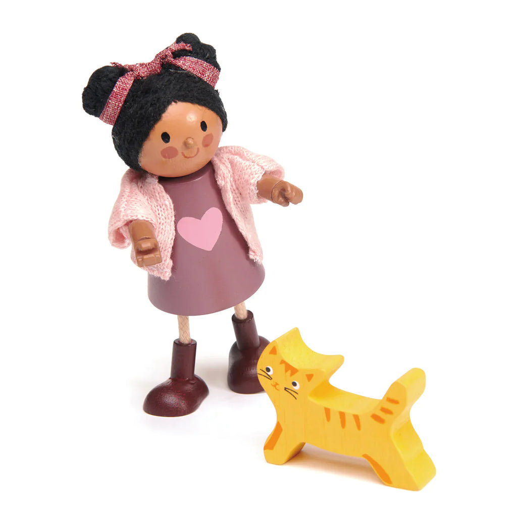 Ayana and her Cat, suitable for the age range 3 years and older, stands next to a wooden yellow cat figure on a white background.