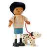 A wooden toy figure of Mr. Forrester with his Dog, against a white background.