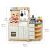 Introducing the La Fiamma Grand Kitchen: a wooden play kitchen set featuring a stove, oven, sink, utensils, toy food, and a realistic pizza oven toy. Measuring 39.37" x 12.8" x 40" (100 x 32.5 x 101 cm), this kids’ kitchen offers open shelving and child-safe accessories for hours of imaginative play.