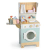 The Wooden Laundrette is a charming wooden toy laundry set that includes a washer, knobs, shelf, towel, cleaning supplies, folded towels, and colorful star hooks. Featuring pastel blue, white, and natural wood tones, it’s perfect for pretend play laundry fun.