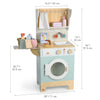 The Wooden Laundrette is a sturdy children’s wooden play laundry set with a washing machine, sink, shelf, cleaning supplies, and accessories—perfect for imaginative pretend play. This toy features clearly labeled item dimensions: 36"/91.5cm high, 16.5"/42cm wide, and 28"/71cm long.