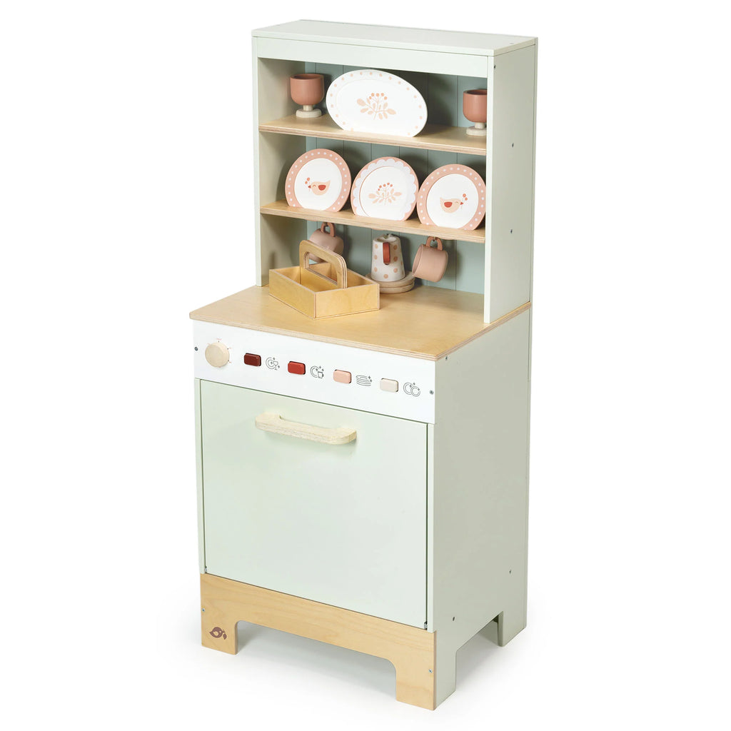 The Kitchen Dresser and Dishwasher is a wooden children’s play kitchen set that features a stove, oven, shelves, and a toy dishwasher. It comes complete with toy dishes—including plates, cups, and bowls—and is adorned in mostly pastel colors with charming animal designs. This delightful kitchen dresser unit encourages imaginative play for kids.