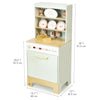 The Kitchen Dresser and Dishwasher is a wooden children's play kitchen set featuring shelves, pretend dishes, cups, utensils, a stove, and a toy dishwasher. Black measurement lines indicate the dimensions as 36"/91.5 cm in height, 15.7"/40 cm in width, and 12"/30.5 cm in depth—a delightful unit for imaginative play.