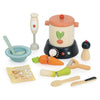 The Stir and Serve Soup Maker is a colorful wooden playset with a pot, lid, bowl, utensils, hand blender, pepper grinder, veggies, and flour packet—everything little chefs need for pretend soup-making fun!.