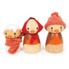 Robin's Nest Box: A trio of wooden robin toys with orange beaks and cheeks, wearing red winter accessories—a scarf, hood, and knit hat. Ideal for imaginative play or as a storytelling toy to inspire creativity in children.