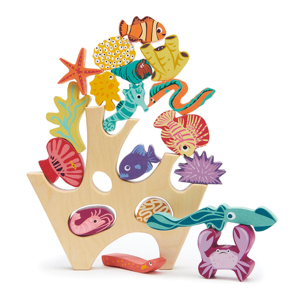 A colorful wooden Stacking Coral Reef toy, featuring various sea creatures like fish, a crab, and a starfish, creatively designed with bright patterns.