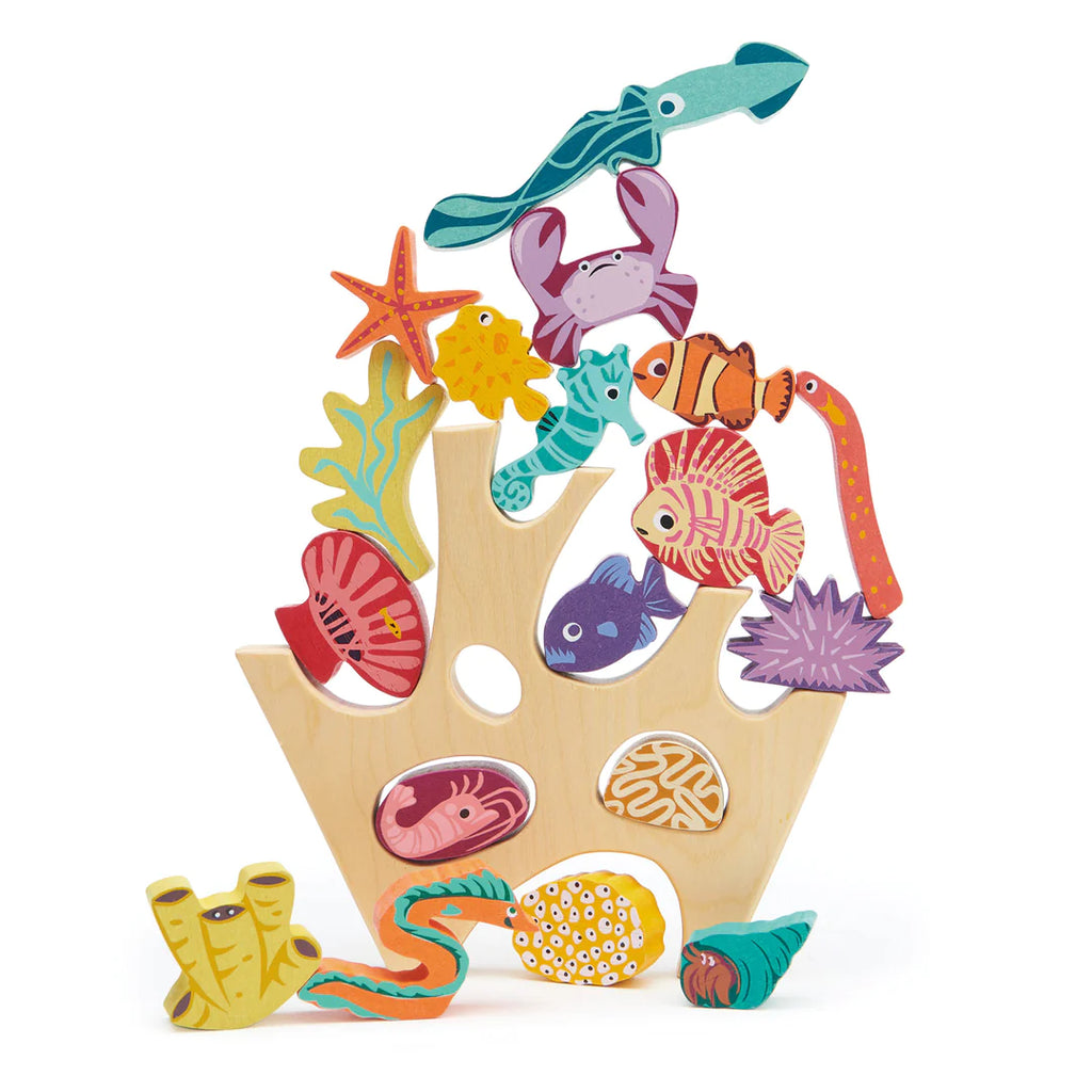 A colorful educational toy featuring the Stacking Coral Reef with a mouse in scuba gear, various sea creatures, and sea plants, all designed to fit into a ship-shaped base.