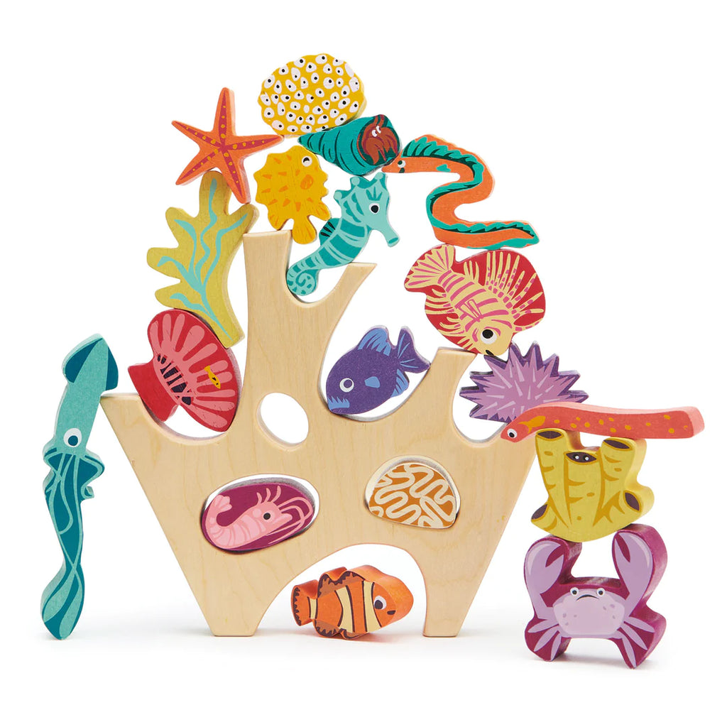 A colorful wooden stacking toy featuring sea creatures such as a seahorse, fish, coral, and starfish, creatively arranged to fit within a frame shaped like ocean waves and seabed - Stacking Coral Reef.