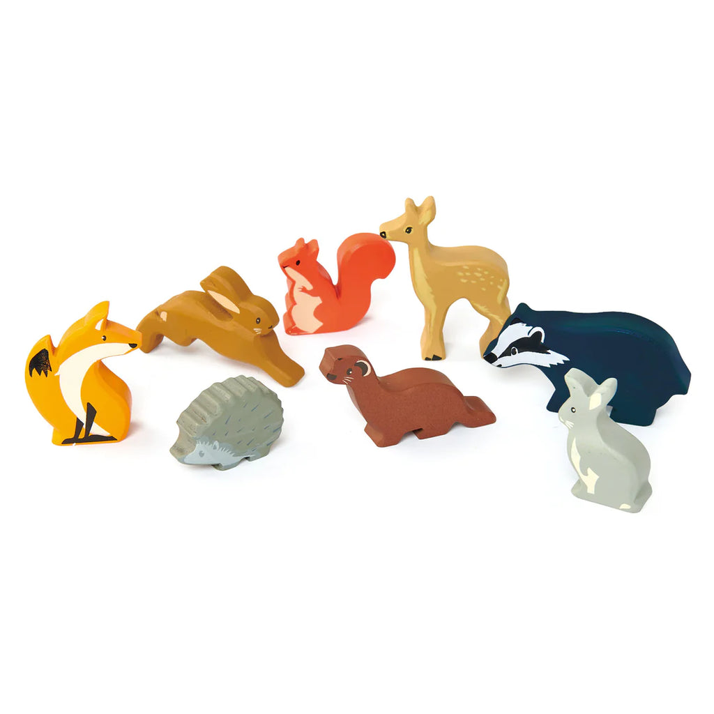 A Woodland Animals Set, including a hedgehog, rabbit, fox, deer, skunk, and others, arranged on an animal display stand against a white background.