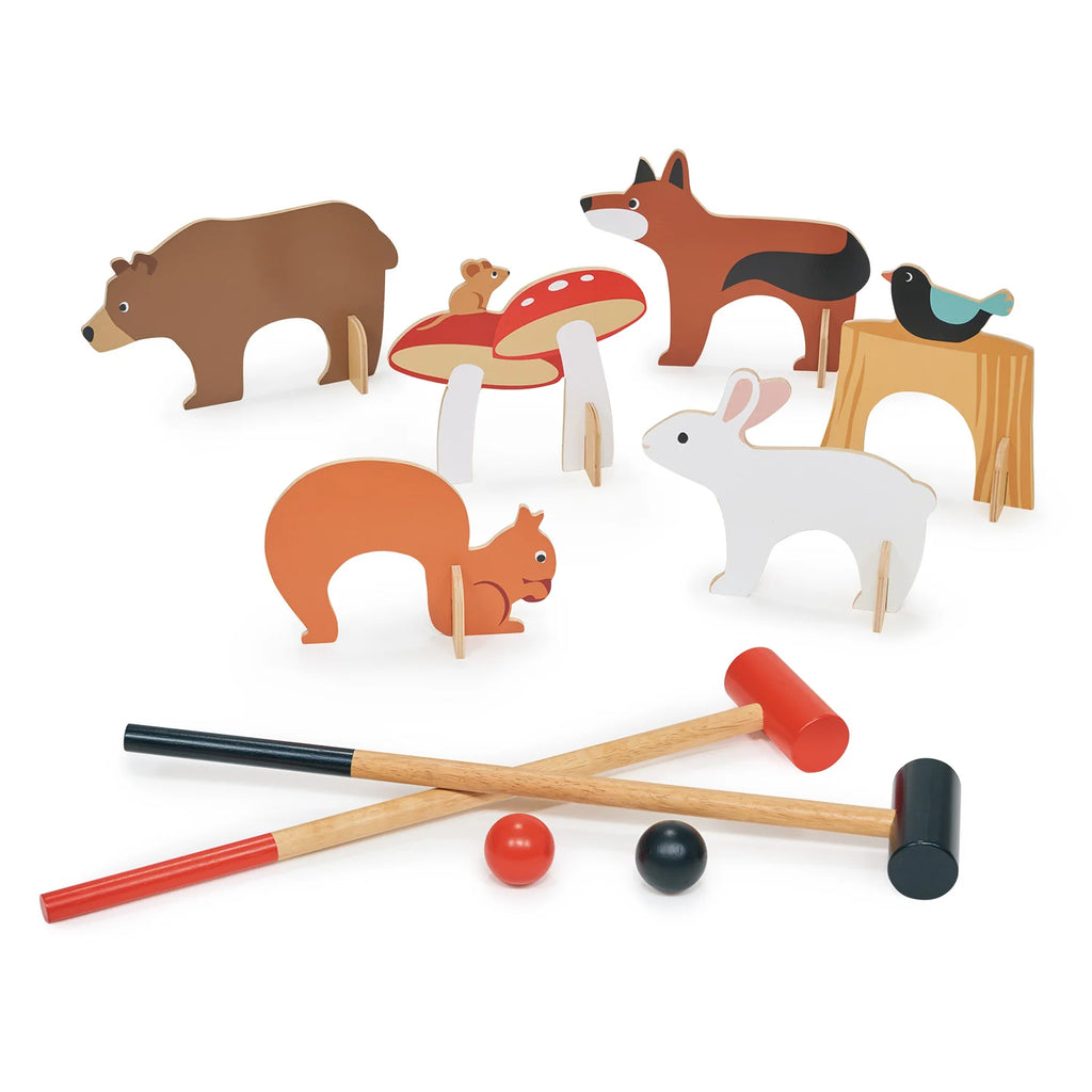 The Woodland Indoor Croquet Set is a vibrant children's game with animal-shaped hoops, including a bear, deer, and fox. It includes wooden croquet mallets and balls, all beautifully displayed on a white background.