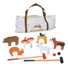 Enjoy the enchantment of our Woodland Indoor Croquet Set, featuring wooden mallets and charming animal cutouts—bear, fox, rabbit, squirrel, and bird. The set includes red and black balls and fits neatly into a canvas storage bag labeled "Woodland.