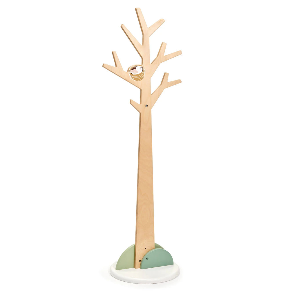 A Forest Coat Stand designed to resemble a stylized tree, perfect for children, featuring multiple branches for hanging items, with a white base incorporating green accents.