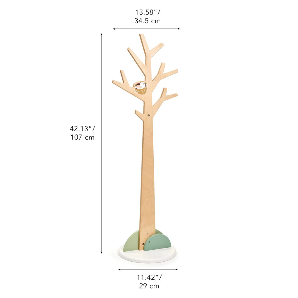 A Forest Coat Stand shaped like a tree, designed especially for children. It stands 107 cm tall and the base diameter is 29 cm. The stand features multiple branching hooks and a white base.