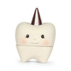 A Konges Sløjd Stone Tooth Box shaped like a tooth, with a smiling face, rosy cheeks, and a small party hat on top. The container appears to be made of smooth stone material and the hat is metallic, giving it a festive look. Perfect for storing your child's first teeth in style!