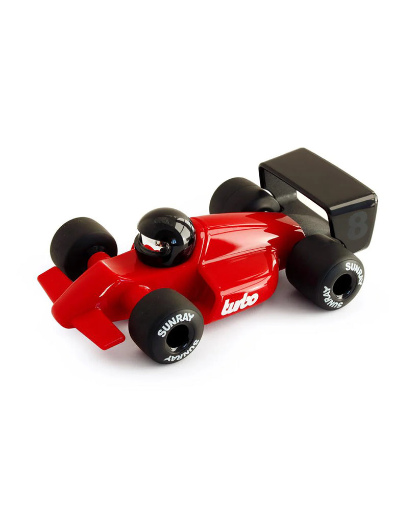 The Playforever Car TURBO Verve Laser Rich Red features black wheels, a large rear wing with number 8, "Turbo" and "SUNRAY" in white, plus a driver in a sleek black helmet—ideal for F1 toy car fans.