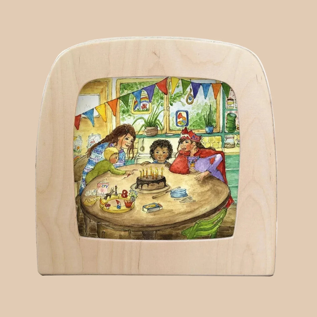 The Silhouette Only - Happy Birthday for Toverlux Lamp features a translucent print of a family celebrating around a birthday cake with festive banners, making it an ideal choice to add cheerful decor to your home.