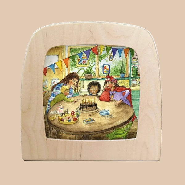 The Silhouette Only - Happy Birthday for Toverlux Lamp features a translucent print of a family celebrating around a birthday cake with festive banners, making it an ideal choice to add cheerful decor to your home.