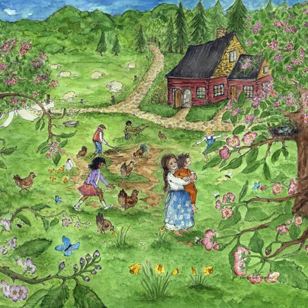 A delightful and vibrant scene featuring children and animals frolicking on a farm. A winding path leads to a charming red cottage, set amidst trees with chickens and a cow close by. Enchanting silhouettes of blooming flowers and butterflies adorn the translucent material, dancing under a brilliant blue sky. Perfectly captured in the "Silhouette Only - Red Cottage Spring" for the Toverlux Lamp (available for shipping in approximately one week).