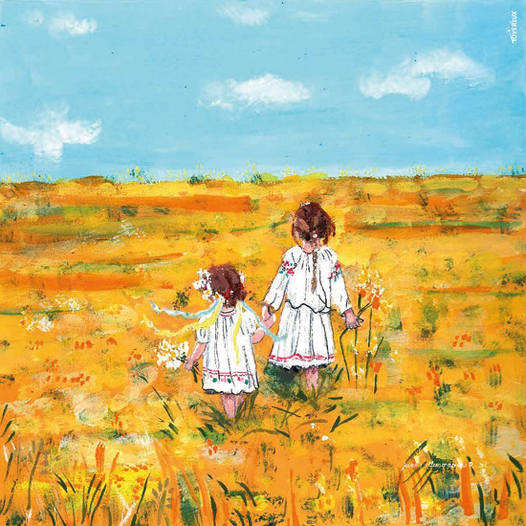 Two children in white dresses, captured as magic silhouettes, walk hand in hand through a vibrant, golden-yellow field beneath a bright blue sky with scattered white clouds. This serene and joyful scene is beautifully depicted in the Silhouette Only - Sisters for Toverlux Lamp, available for shipping in approximately one week.