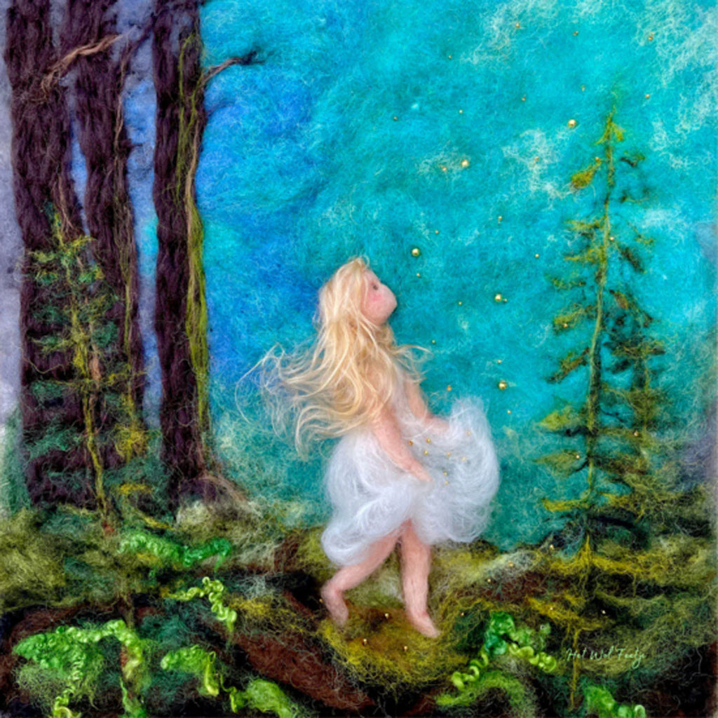 Featuring a whimsical felt artwork, this blonde fairy in a white dress is enveloped by trees and lush greenery as she gazes upon glowing stars against a vibrant turquoise night sky. The Silhouette Only - Star Money for Toverlux Lamp creates a dreamy and magical forest scene with an enchanting translucent material effect. Ships in approximately one week.