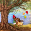 Transform your home decor with the "Silhouette Only - We Celebrate The Seasons for Toverlux Lamp," featuring a delightful scene of a young boy and girl dancing joyfully beneath a large, leafy tree by the water. The girl wears a flower crown, the boy dons a red hat, and colorful balloons float nearby. Magic Silhouettes add whimsy to this enchanting image, while a ladybug rests on the tree trunk. Ships in approximately one week.