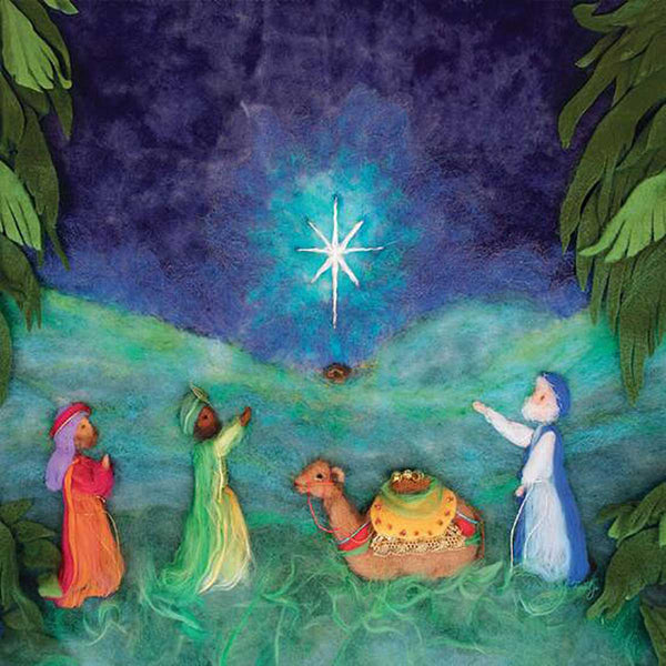 This felt art piece, perfect for home decoration, showcases a scene titled "Silhouette Only - Three Kings for Toverlux Lamp," depicting three wise men and a camel under a brilliant star surrounded by green trees. The vivid scene exudes a sense of wonder, reminiscent of Magic Silhouettes against the nighttime landscape.