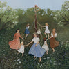 Children joyfully frolic around the "Silhouette Only - Maypole Dance for Toverlux Lamp," their ribbons capturing the translucent beauty of light. Nestled in a lush meadow with blooming greenery and trees under a clear blue sky, this enchanting scene evokes an uplifting and unique atmosphere.