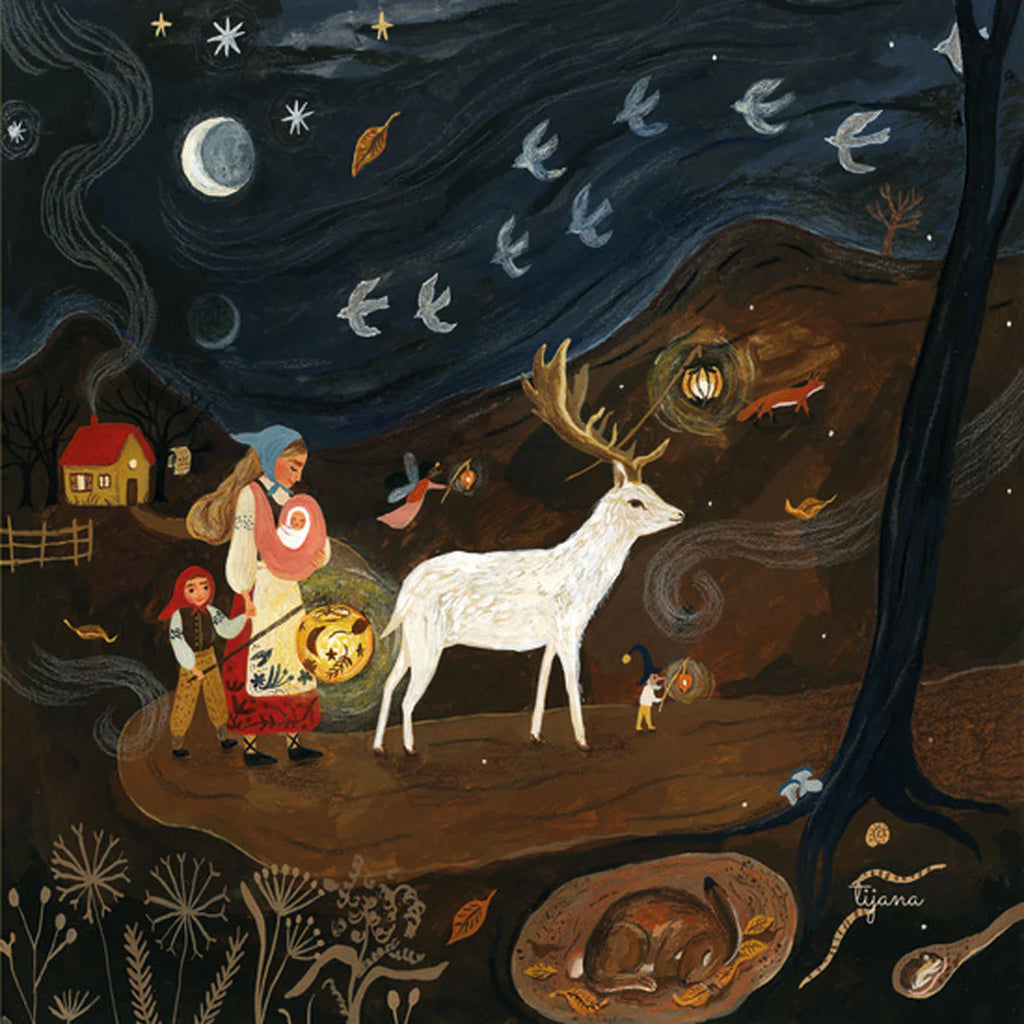 A whimsical scene comes to life as a woman and child, led by the Magic Silhouettes of a white stag, wander through a dark, starry forest under the glow of a crescent moon. Birds soar above, casting serene silhouettes through the translucent material. Hidden animals watch from the shadows while a distant home radiates warmth in the night—a magical ambiance created by "Silhouette Only - Strolling Amongst The Stars for Toverlux Lamp," arriving in about one week.