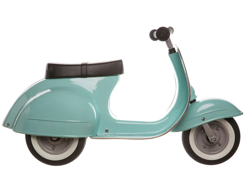 A vintage PRIMO Ride On Kids Toy Classic scooter with two wheels, classic design, and a black seat, isolated on a white background.