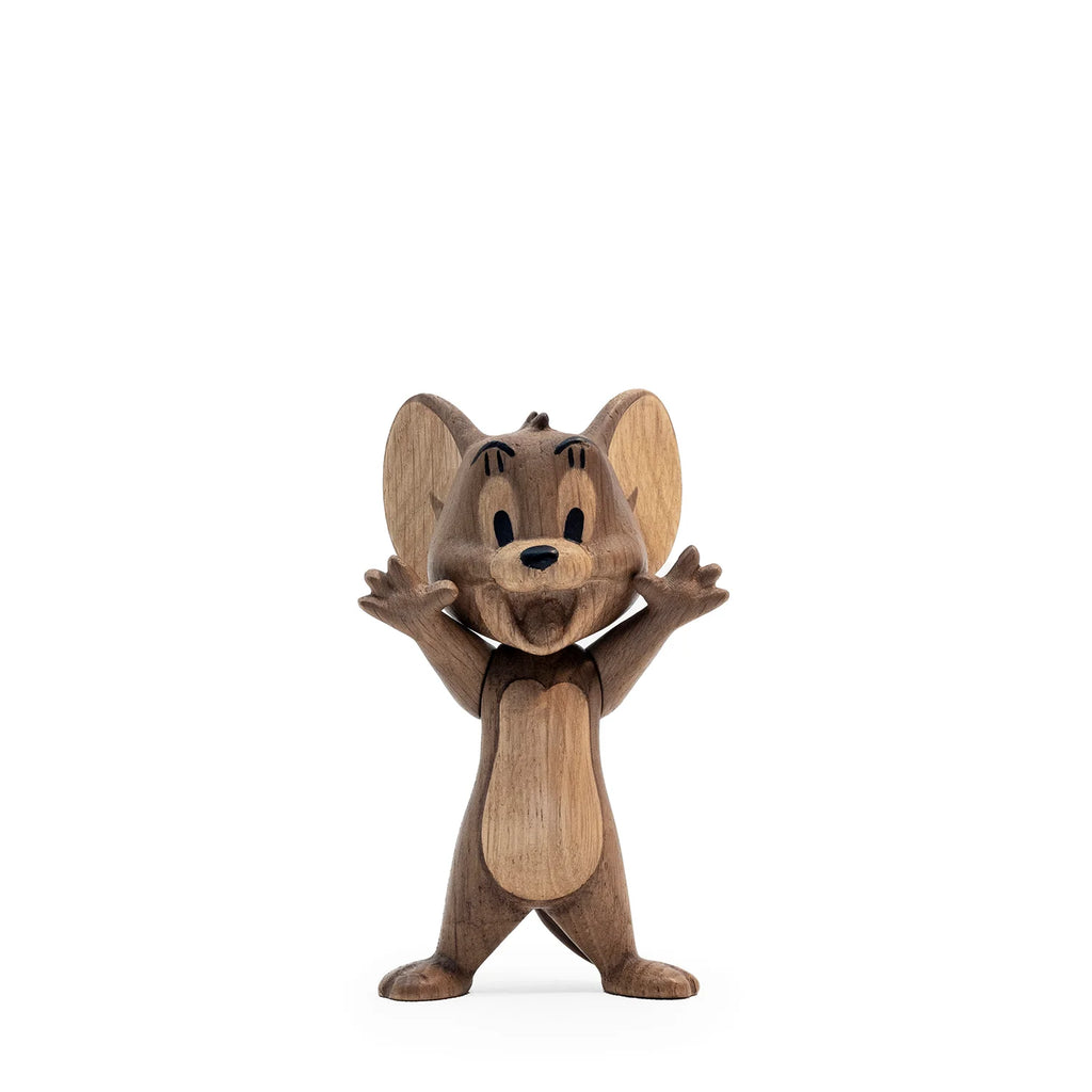 The Boyhood Tom & Jerry - Jerry is a collectible solid oak figurine showing Jerry mouse with big ears, raised arms, and a joyful look, standing upright on a plain white background.