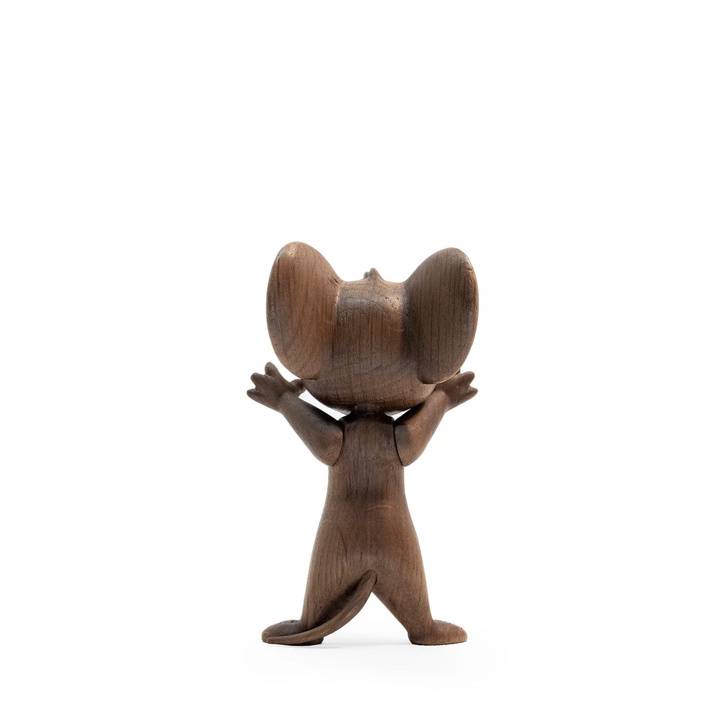 The Boyhood Tom & Jerry - Jerry is a small solid oak figurine of Jerry mouse, upright with arms raised and viewed from the back against a plain white background—a charming collectible for fans.