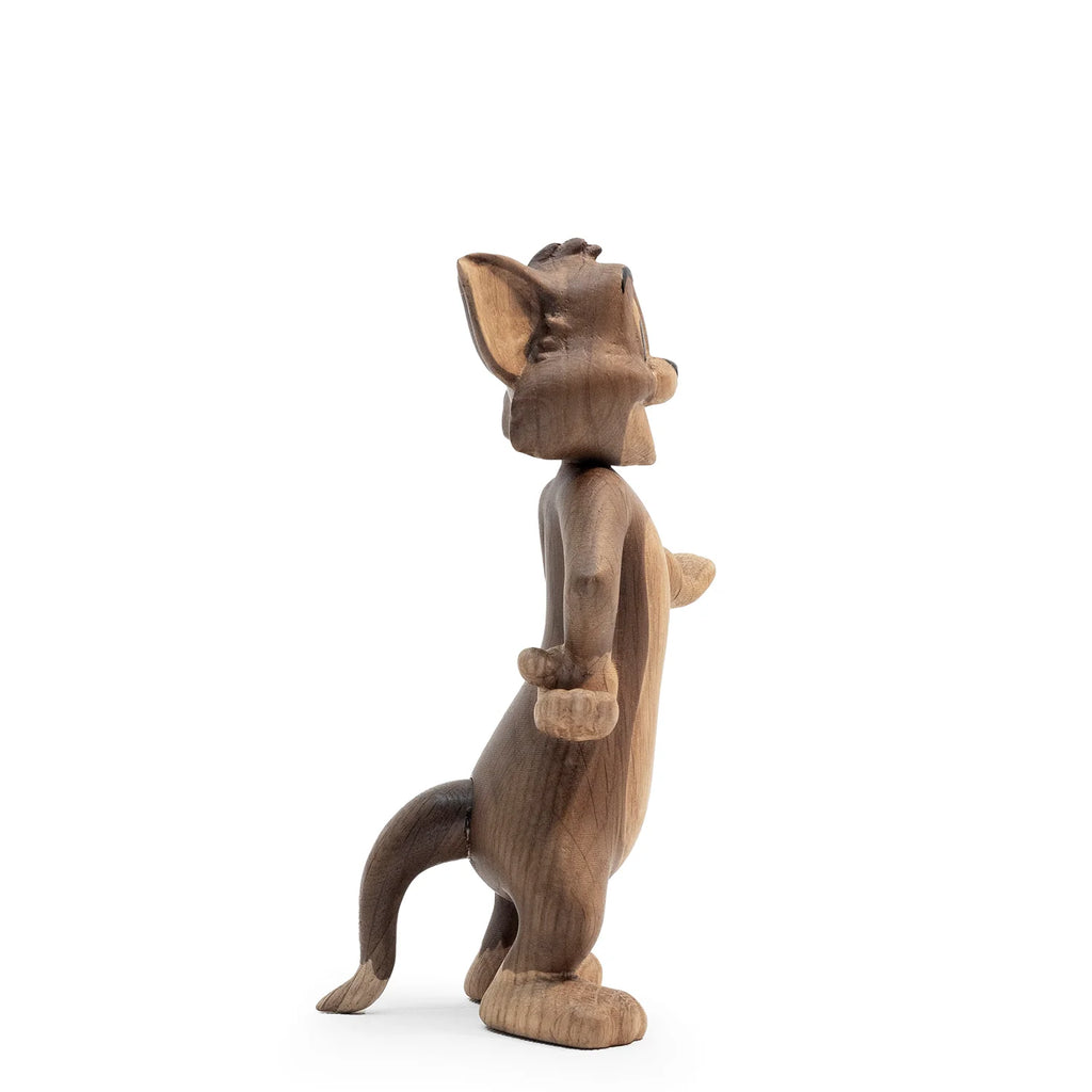 A small solid oak figurine named Boyhood Tom & Jerry X Tom, shown in profile with large ears and a long tail, looking upward. Perfect gift for Tom and Jerry fans. Plain white background.