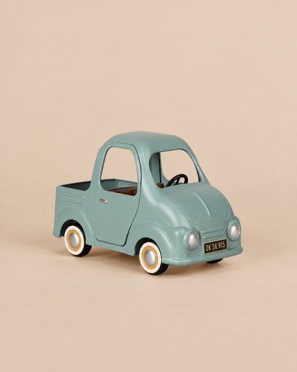 A sage green Maileg Truck, Mouse with a black license plate reading DK 56 915.