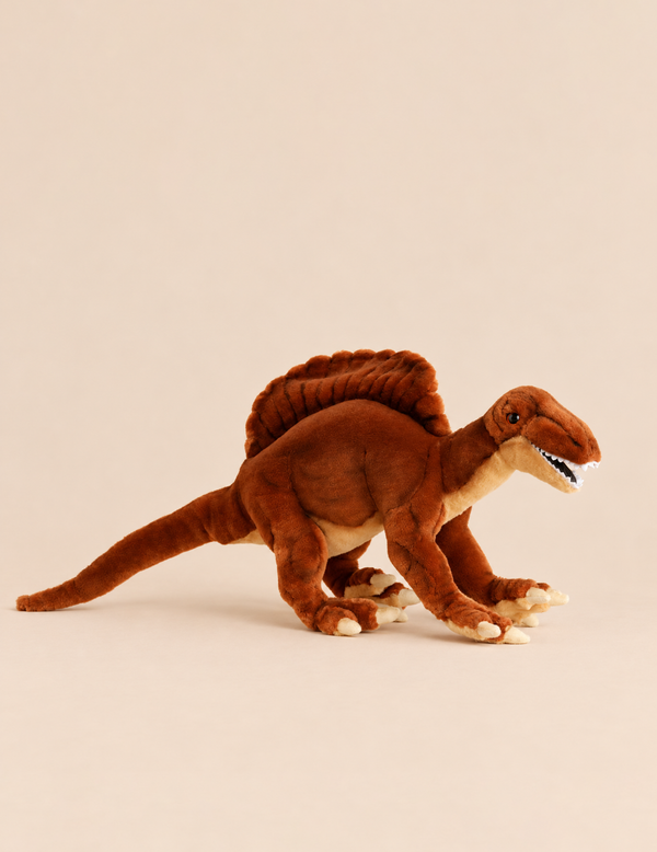 Brown Spinosaurus Dinosaur Stuffed Animal with a prominent sail on its back and an open mouth showing white teeth, crafted as a realistic plush.