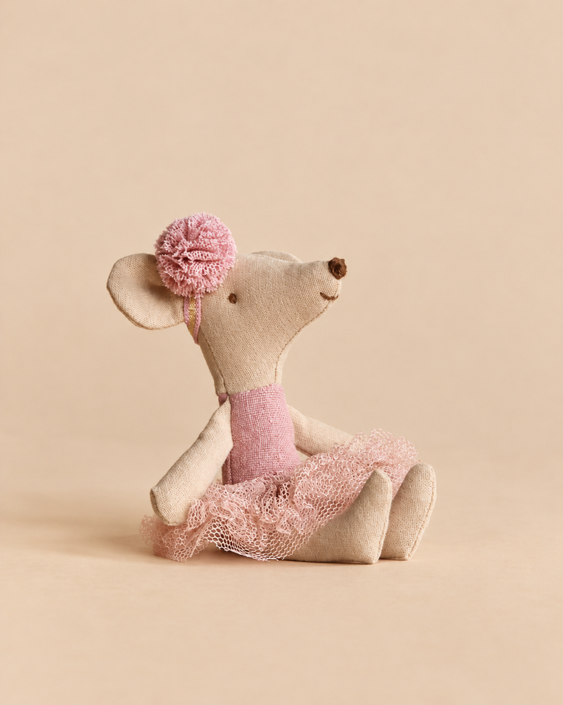 Maileg Ballerina Mouse, Little Sister - Heather wearing a pink tutu and a matching pom-pom headband.