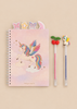 Konges Sloejd My Stationery Box - Unicorn: an A5 spiral-bound notebook featuring a winged unicorn, with four decorative page markers at the top and two glitter gel pens topped with a cherry and a unicorn.