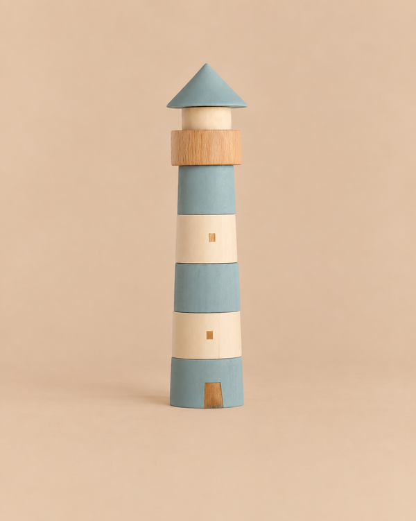 The Sabo Concept Lighthouse is a stackable wooden playset designed as a lighthouse, featuring segments in blue and natural wood tones for a maritime adventure.