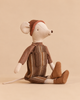 Maileg Mouse, Medium - Overall and Sweater wearing a knitted hat, soft brown sweater, striped overalls, and boots.