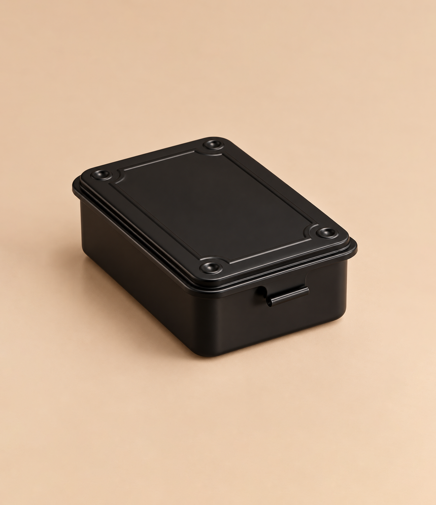 Black Toyo - Steel Stackable Storage Box T-150 with a flat lid, single front latch, and a rectangular metal design ideal for organizing art supplies.