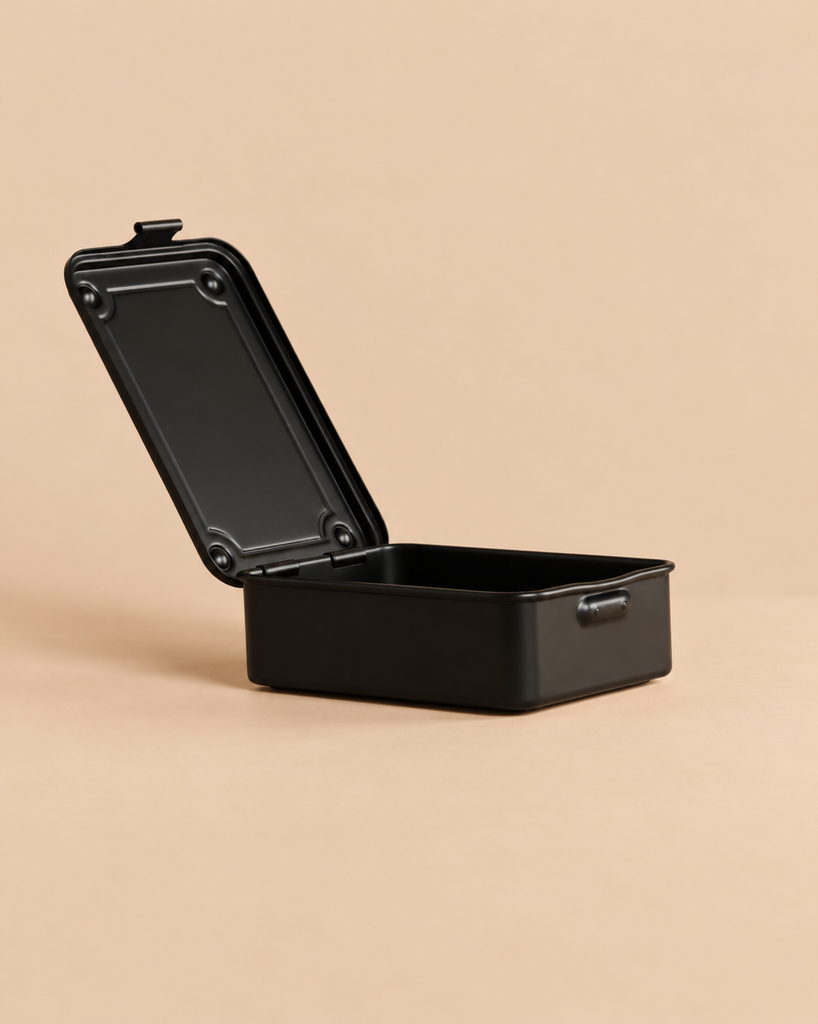 Black Toyo - Steel Stackable Storage Box T-150 with an open, upright hinged lid.