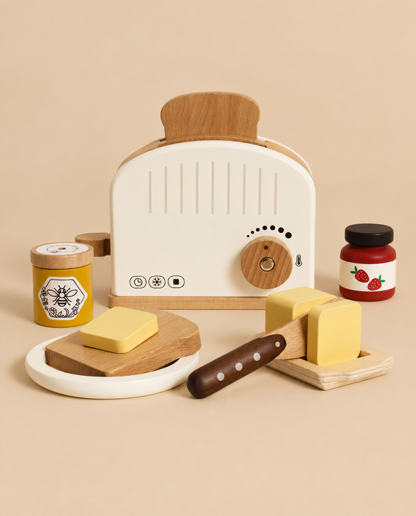 Pop-up Toaster & Breakfast Set featuring an FSC-certified wooden toaster, a slice of bread, butter pats, a butter knife, a jar of honey, and a jar of strawberry jam for pretend play.
