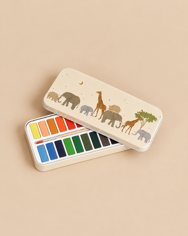 Konges Sloejd Water Colors Paint Set - Safari in a rectangular tin box, featuring a brush and a lid decorated with illustrations of safari animals.