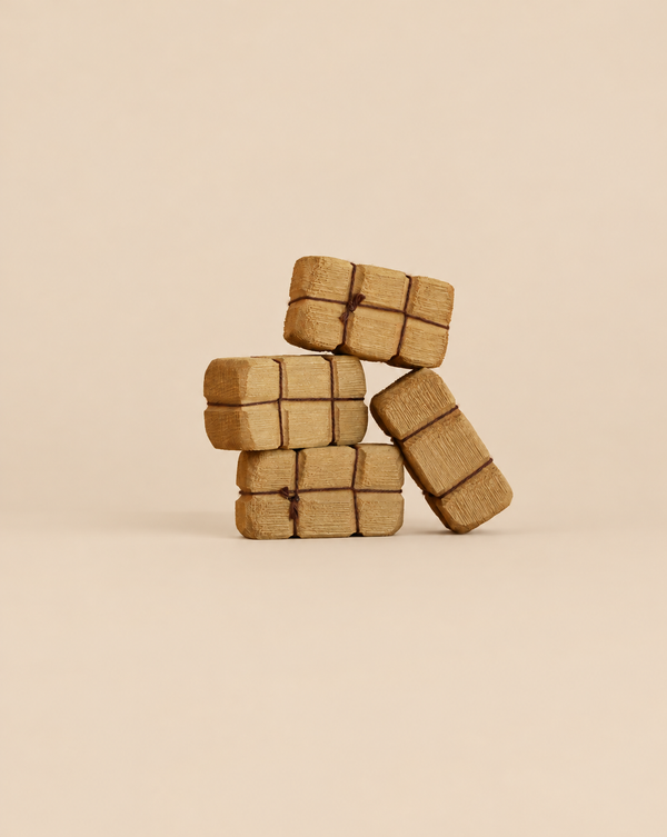 Four handcrafted wooden blocks from the Bumbu Handmade Wooden Haystacks Set, textured to resemble hay bales, stacked together and tied with string for imaginative play.
