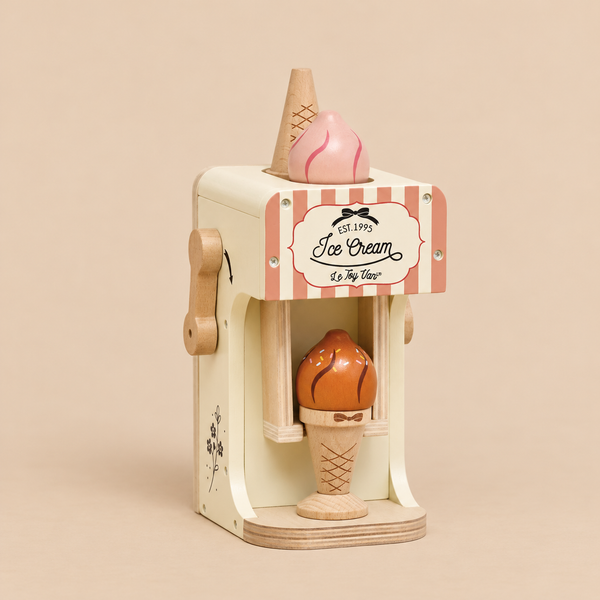Wooden Ice Cream Machine & Play Food Cones featuring a crank handle, a chocolate ice cream cone at the base, and a pink scoop on top for pretend play.