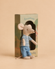 Maileg LouiMax Mouse - Big Brother toy wearing a striped shirt and denim pants, standing in front of its cardboard packaging.