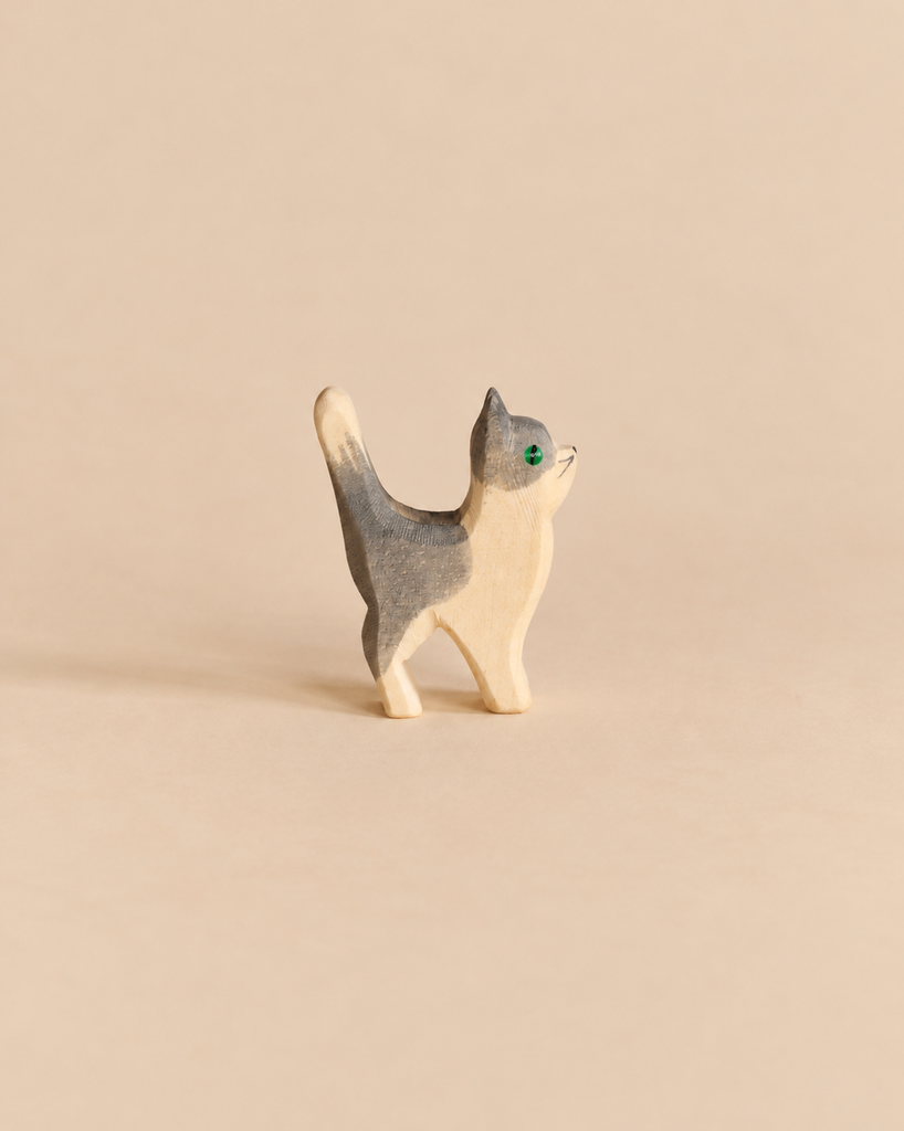 Handcrafted Ostheimer Cat - Gray and White, Head Up wooden figurine with its head tilted upward.
