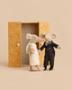 Maileg Wedding Mice Couple in Box, Mum and Dad dressed as a bride and groom standing in front of an open, floral-patterned cardboard box.