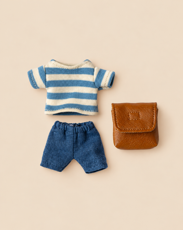 Maileg Clothes and Bag, Big Brother Mouse - Brown includes a blue and white striped shirt, blue shorts, and a small brown mouse backpack.