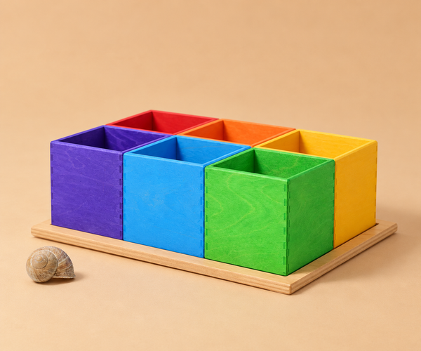Grimm’s Small 6 Piece Rainbow Box Sorter featuring six square, rainbow-colored wooden boxes arranged in two rows on a wooden tray, with a single snail shell beside them.